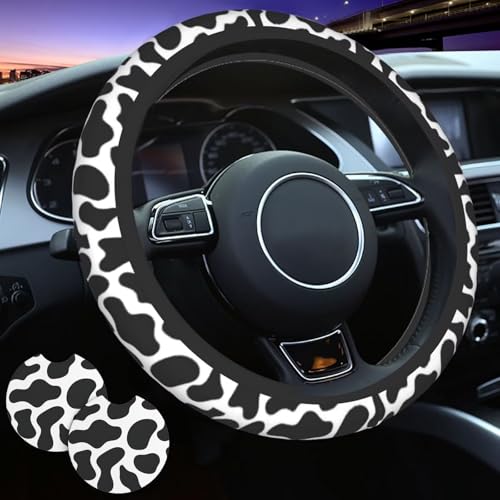 Cow Print Steering Wheel Cover - Black and White Cow Print Steering Wheel Cover Women Men Includes 2 Cup Coasters Decor Anti-Slip Car Neoprene Universal 15 Inch Steering Wheel Covers