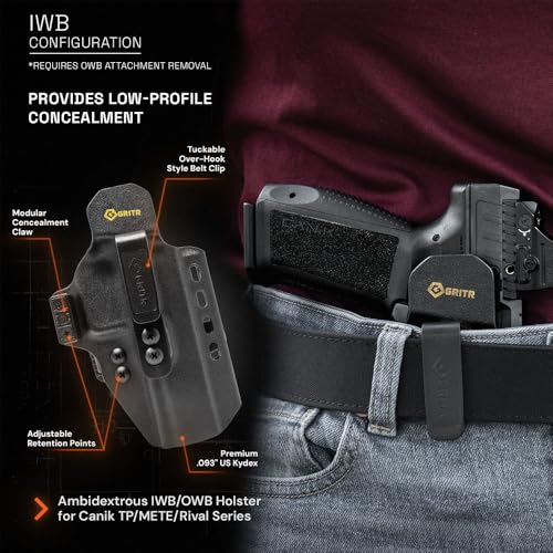 GRITR Omni IWB/OWB Kydex Modular Pistol Holster Fits Canik TP/Mete/Rival - Ambidextrous EDC Gun Accessory w/Optic Cut, Open Bottom, Adjustable Concealment Claw, Retention, Ride Height & Cant