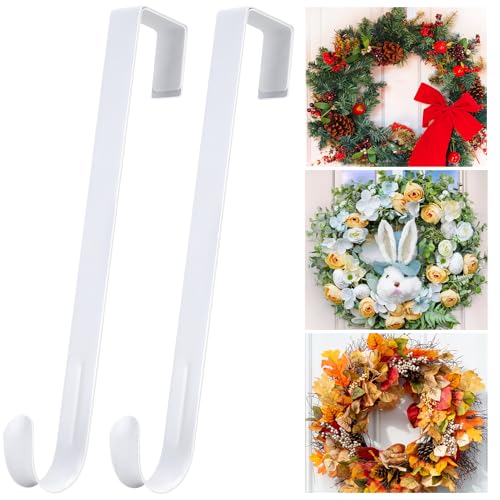 Image of 12 inch Metal Over the Door Wreath Hanger for Front Door, 2 Pack Non-Scratch Door Hook for Hanging Christmas Wreaths, Holiday Decor & Welcome Signs, Durable Wreath Hanger Hooks for Home Decoration, White