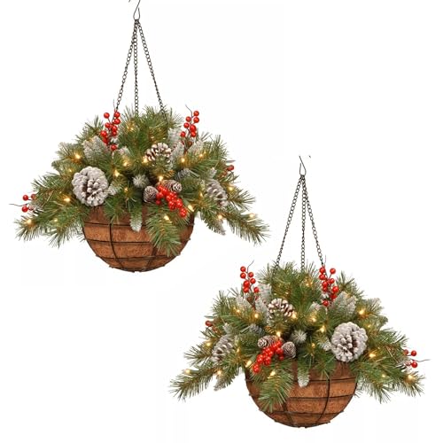 2Pcs Christmas Hanging Baskets for Outdoors 15.8 Inch Artificial Christmas Hanging Basket Winter Hanging Baskets for Outdoors with Lights Decorated with Frosted Pine Cones Berry Clusters