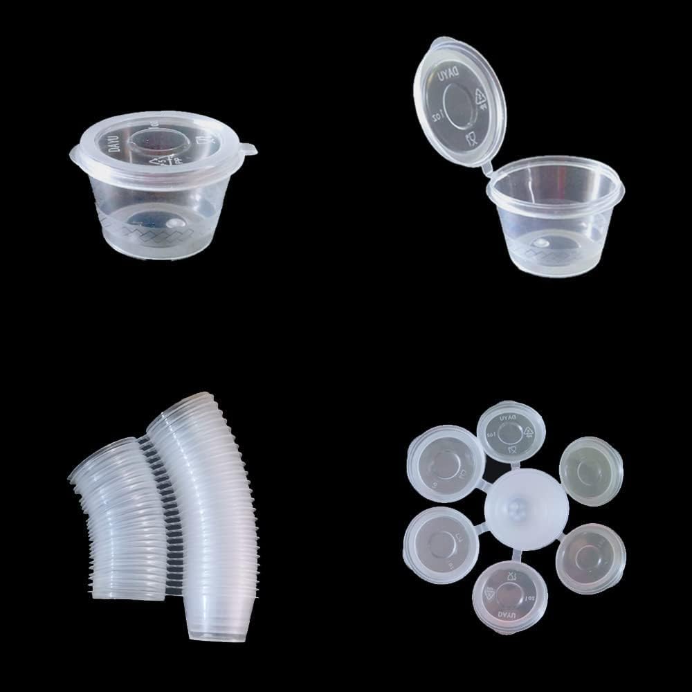 MIUPOO Plastic Souffle Cups,Disposable Clear Leak Proof Sauce Cup With Hinged Lid,Used for Various Sauces,Food Samples,Storage Crafts,1 OZ,100 Pieces