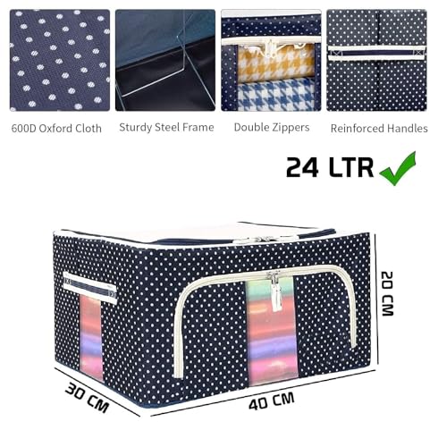 Image of Cloth Organizer for Storage TEKCOOL Clothes Storage Box Wardrobe Organizer for Clothes Foldable Steel Frame Clothes Organizer Storage Box for Wardrobe, Saree, Shirts, and Blankets(24 ltr-4pc).