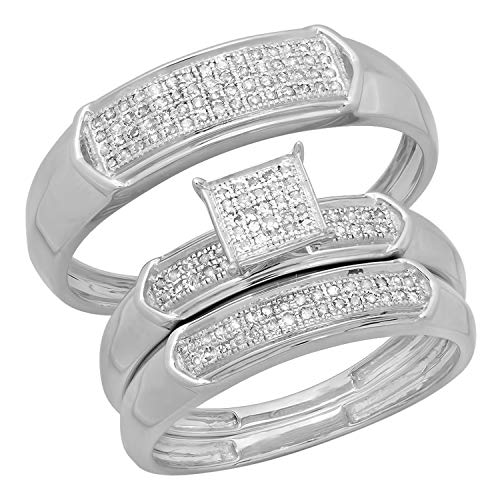 Dazzlingrock Collection 0.30 Carat (ctw) Round White Diamond Men & Women's Micro Pave Trio Bridal Wedding Set 1/3 CT, Sterling Silver