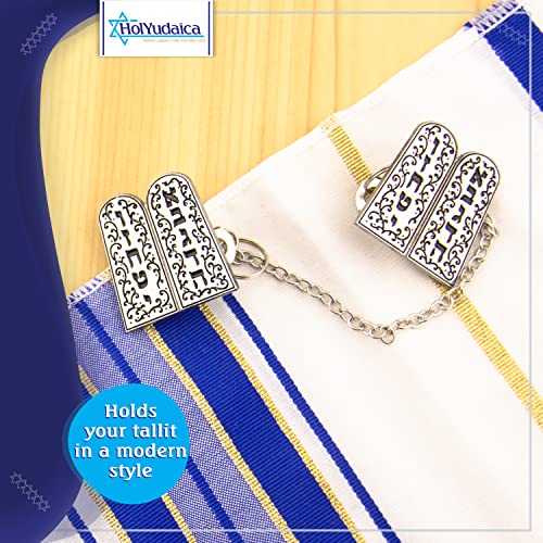 Image of Clips for Tallit Prayer Shawl, Made in Israel, Silver & Black Color wirh a Ten Commandments Luchot Design, 3CM / 3.5CM (3CM /3.5CM Each)