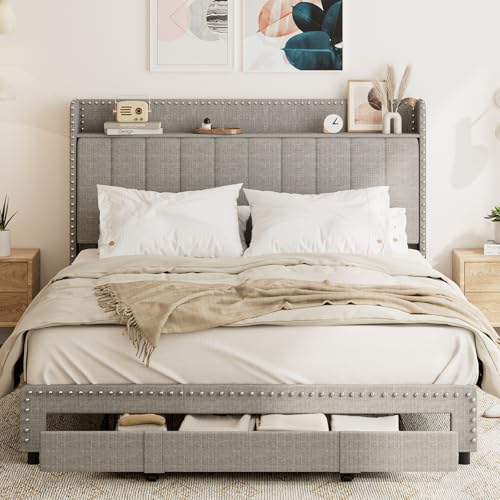 Image of Klippehop 5ft King Upholstered Bed Frame with Storage Headboard and Large Drawer, Riveted Storage Bed Frame, Linen Platform Bed Frame (Grey, 150cm x 200cm)