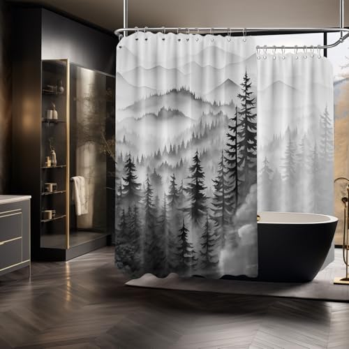 QGHOT Extra Wide Shower Curtain for Clawfoot Tub, 108x72 Inch, Black Forest Nature Mountain Pattern Bathroom Decor, Waterproof Cloth Fabric with Hooks
