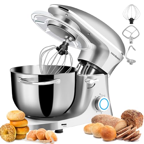 Seedeem 6.5QT Stand Mixer, 660W Tilt-Head Kitchen Electric Mixer with 6 Speeds, Dough Hook, Beater & Whisk, Dishwasher Safe Attachments, Silver