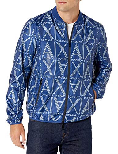 A|X Armani Exchange Men's Print Zip Up Windbreaker Bomber, Sodalite Squared Logo, L