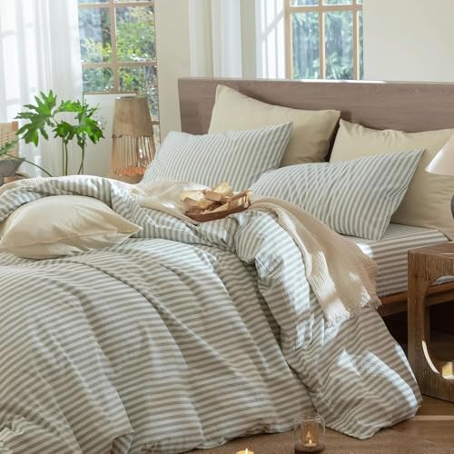 Lanqinglv Bettwäsche 135x200 Baumwolle Gestreift Grün Weiß,100% Renforce...