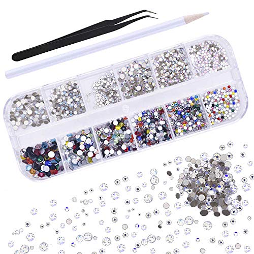 WOKOTO 1440 Piece 3D Mix-color AB Nail Art Rhinestones Flat Back Mix-Size Nail Crystals Jewelry Decoration With 1Pc Tweezers And Picker Pencil