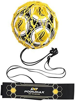 PodiuMax Hands-Free Soccer Kick/Throw Trainer, New Ball Locked Net Design, Adjustable Waist Belt & Cord Suit for All Levels (Fits Ball Size 3, 4, 5)