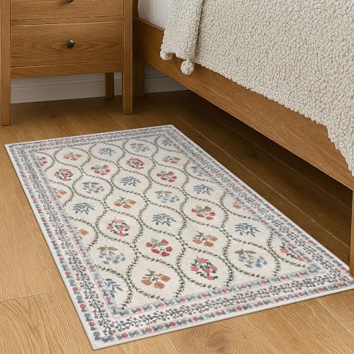 KILOCOCO 2x3 Small Area Rug, Moroccan Super Soft Entryway Rugs Indoor Vintage Washable Rug Non-Slip Indoor Door Mat, Accent Print Faux Wool Throw Rug for Laundry Kitchen Bedroom Entrance, Ivory