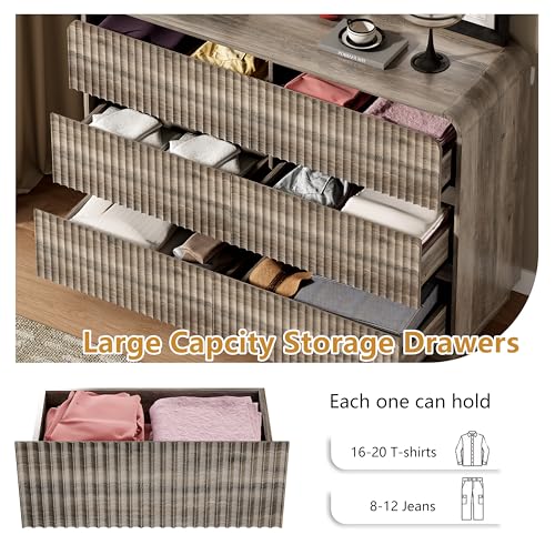 Image of Wodeer Grey Dresser Fluted 6 Drawers Dresser for Bedroom, 47 inch Wide Wood Chest of Drawers with Hidden Handles & Rounded Corners, Modern TV Stand Storage Cabinet for Living Room, Hallway, Entryway