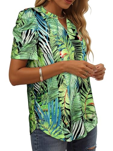 Ezcosplay Women Puff Sleeve Tops Floral Hawaiian Shirt Notched V Neck T-Shirt Casual Tropical Outfits3