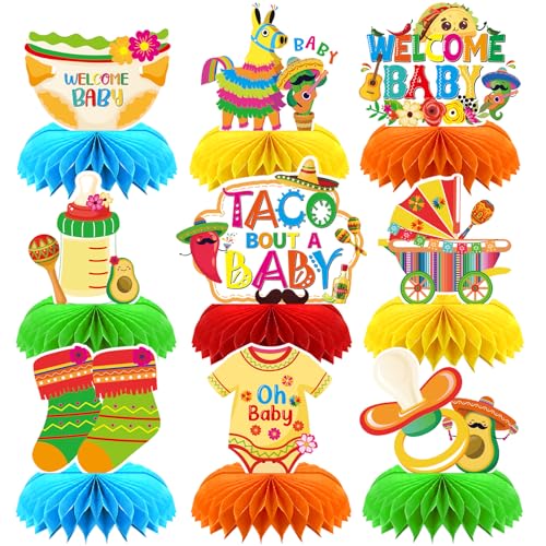 Image of Mexican Fiesta Shower Decorations - 9Pcs Taco Bout A Baby Cinco de Mayo Honeycomb Centerpieces for Mom to Be Gender Reveal Party Supplies Set Newborn Ornaments Table Toppers