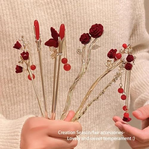 Image of HONEY ACCESSORIES-6pcs Rose Flower Hair stick Chinese Style Flocked Flowers Hair Sticks Metal Leaves Pearl Tassel Hairpin Pendant Hair Accessories for Women Girls