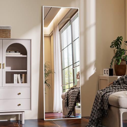 BEAUTYPEAK Espejo de cuerpo entero de 150 x 40 cm, espejo de pie y espejo de pared con marco de aluminio, cristal a prueba de golpes para reflexión sin distorsiones, color blanco