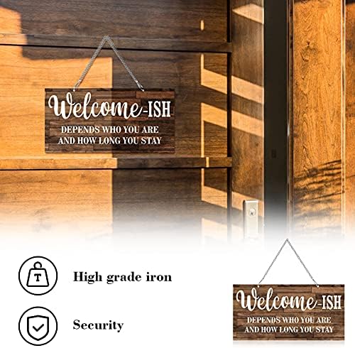 Funny Farmhouse Welcome Sign Welcome-ish Front Door Sign 12 x 6 Inch Welcome Wall Decor Metal Sign Elegant Hanging Porch Decor Rustic Kitchen Door Decor (White Words with Brown Base)