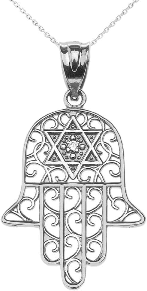 Claddagh Gold Diamond Hamsa Hand Sterling Silver Pendant Necklace