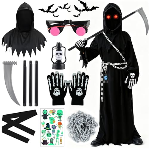 Halloween Kostüm Kinder Sensenmann Gruseliges Kostüm Kinder mit Sense Leuchtender Brille Skelett Handschuhe Jungen Mädchen Rollenspiel Verkleidung für Halloween Party Bühnenauftritte (510 Jahre)