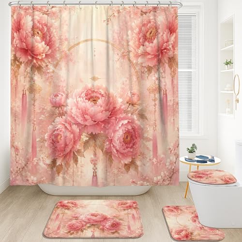 Ensemble rideaux de douche pivoine tapis de bain polyester - 3