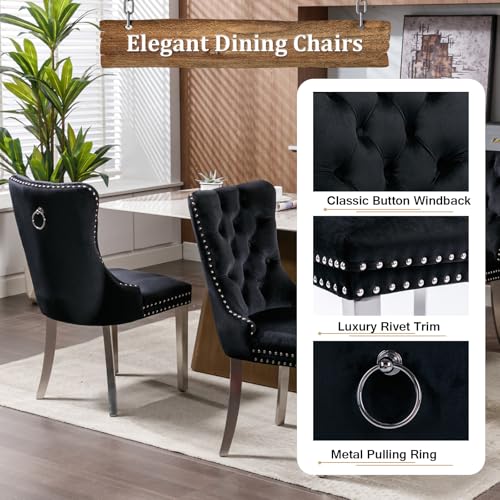 Image of 7-Piece Round Dining Table Set for 6, Modern Faux Marble Kitchen Table and Black Velvet Chairs Set of 6, Luxury 45 inch Circle White Silver Dining Room Tables with Stainless Steel Base