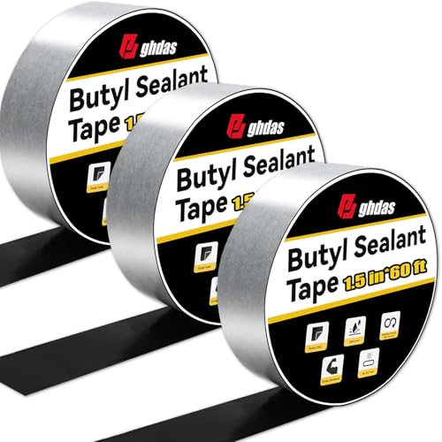Image of Bghdas - 3 Pack Butyl Sealant Tape 1 1 /2 inch X 60' - Double Sided - Black Vapor Barrier Butyl Tape for Wall of Crawl Space, Rv Windows, Deck Boat, Crawlspace (Waterproof, Weatherproof)