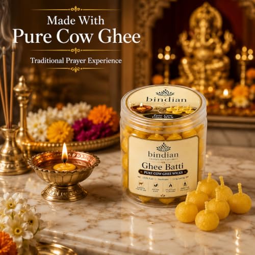 Image of Bindian Pure Cow Ghee Batti for Puja Pack of 200 | Ready to Use Handmade Cotton Ghee Wicks | Long Burning Diya Batti for Mandir, Daily Worship, Aarti & Religious Festivals