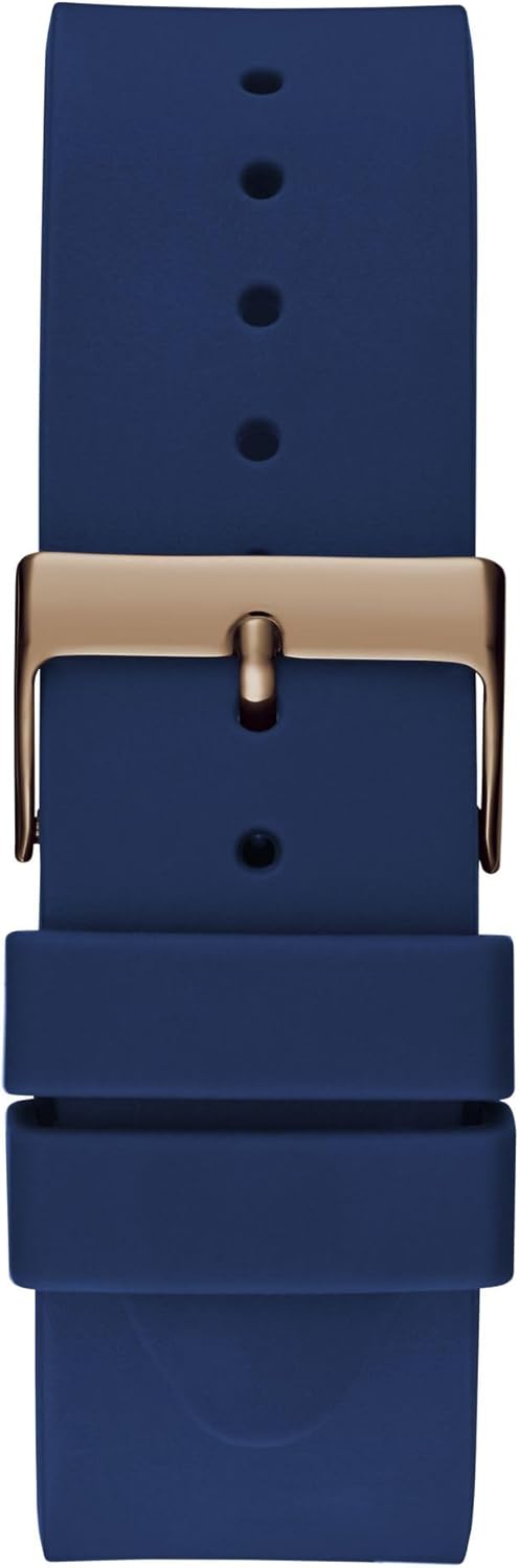 Close-up of the blue silicone strap and rose gold-tone buckle of the GUESS Gents Watch.