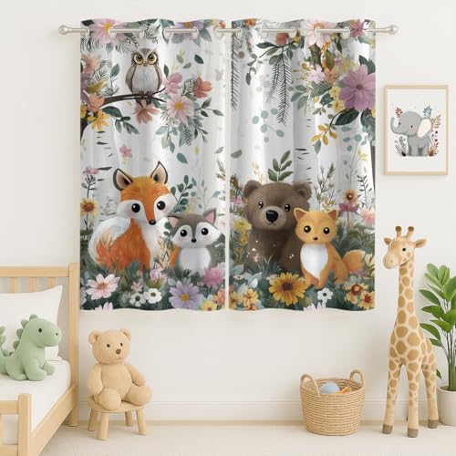 CZROUZ Jungle Safari Curtain, Watercolor Cartoon Flower Fox Bear Owl, Grommet Curtains for Nursery Window or Compact Baby Room, Set of 2 Panels, 42 x 45 Inch, Thermal Insulated Darkening Drapes