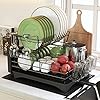 Qienrrae Dish Drying Racks for Kitchen Counter, Stainless Steel 2 Tier Black Dish Dryer Rack with Drainboard Set, Large Dish Drainers with Wine Glass Holder, Utensil Holder and Dryer Mat