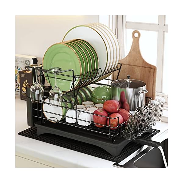 Qienrrae Dish Drying Racks for Kitchen Counter, Stainless Steel 2 Tier Black Dish Dryer Rack with Drainboard Set, Large Dish Drainers with Wine Glass Holder, Utensil Holder and Dryer Mat Qienrrae Dish Drying Racks for Kitchen Counter, Stainless Steel 2 Tier Black Dish Dryer Rack with Drainboard Set, Large Dish Drainers with Wine Glass Holder, Utensil Holder and Dryer Mat