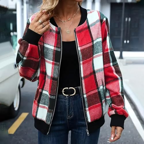 ABABC Jackets for Women Long Sleeve Zip Up Flannel Plaid Jacket Casual Stand Collar Fall Outfits for Women with Pockets2