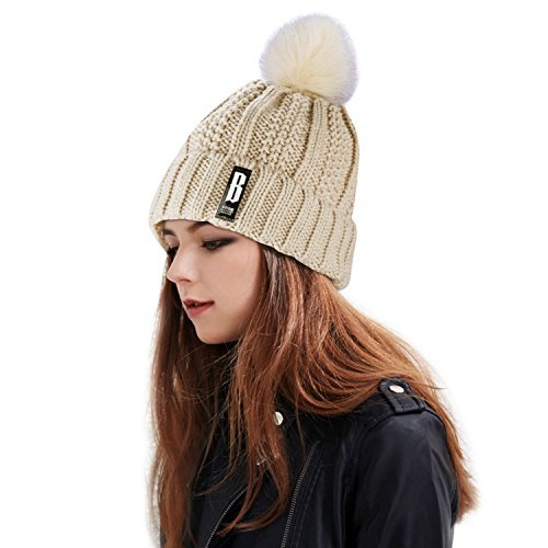 Bonnet Femme Hiver,Proking Fourré Chaud Crochet Laine Mesdames trapu douce câble bonnet en tricot avec confortable doublure polaire amovible en fausse fourrure et pompon Ski Chapeau avec Gros Cover