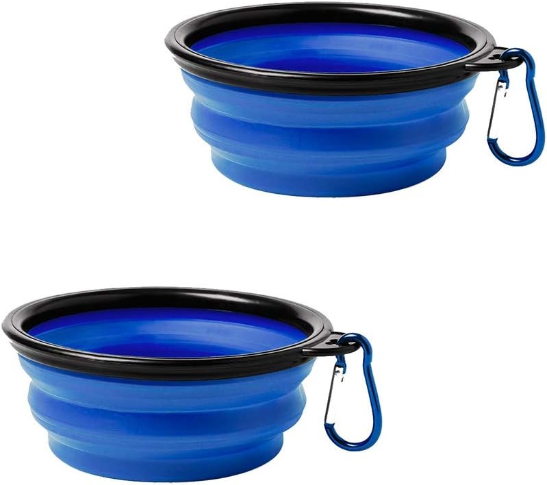 eBuyGB Portable Folding Collapsible Pop Up Silicone Travel Pet Dog Cat Food Water Bowl with Metal Carabiner, 450ml, Pack of 2 (Blue)