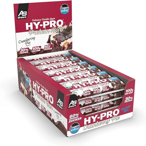 ALL STARS Hy-Pro Big Protein Bar 24 x 100g Cranberry Pie - Leckerer Riegel mit 30g Eiweiß & 22g Kohlenhydraten, Trainingssnack mit Milcheiweiß & Whey Protein