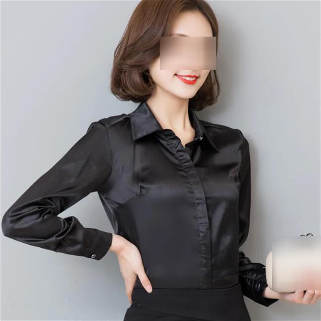 Blusa de satén para mujer, con botones, manga larga, solapa, oficina, trabajo, elegante, de seda