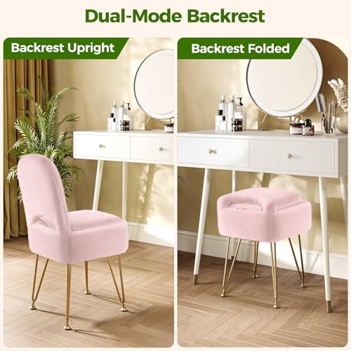 Greenstell Vanity Stool Chair with Storage and Folding Back, 13.4" L x15 W x 30.0" H Square Soft Ottoman, 4 Metal Legs with Anti-Slip Feet, Furry Padded Seat for Makeup, Bedroom, Pink - Image 6