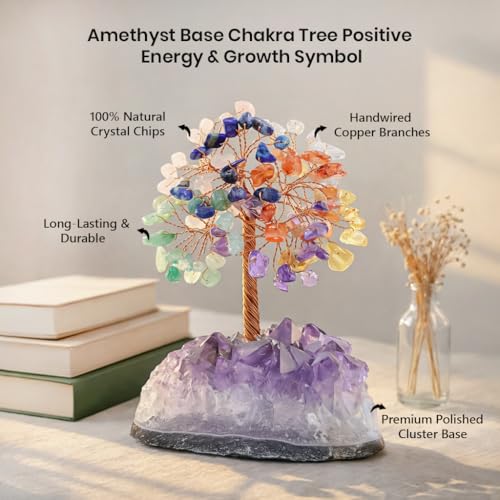 Image of Crocon 7 Chakra Crystals Tree of Life with Amethyst Cluster Base, Gift for Women Men Birthday Gifts MoM, Money Tree Feng Shui Good Luck Healing Crystals Home Decor Crystals and Healing Stones