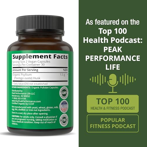 USDA Organic Psyllium Husk Vegan Capsules Made with Organic Psyllium Husk Seed. Fiber Supplement for Gut. Digestive Prebiotics. Pills for Digestion, Roughage Without Bloating. Tablets