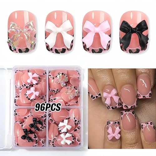 96-Piece Short Square Pink Leopard French Bow Press-On Nail Kit
