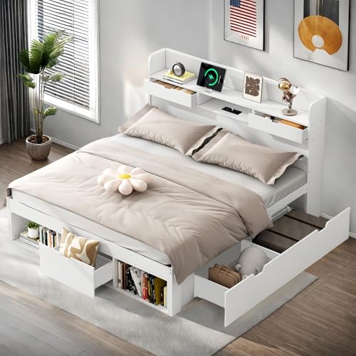 Lubvtti Cama de Matrimonio 140 x 190 cm con Puerto USB y cajones y cajón,cabecero con Almacenamiento,Cama tapizada,Cama Doble,Cama con almacenaje,Estructura Cama 140x190 con somier de láminas,Blanco