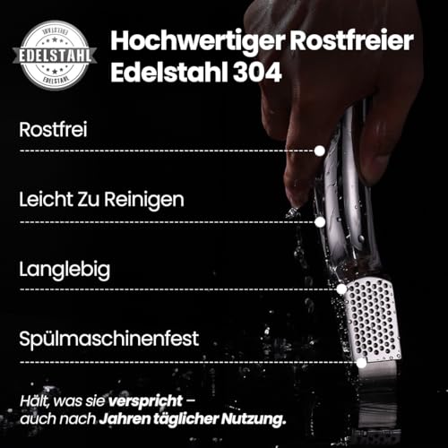 Knoblauchpresse Edelstahl Set mit 2 Aufsätzen | Knoblauch Presse für Knoblauchpaste & Stücke | Garlic Press für Knoblauch & Ingwer (kein Schälen notwendig) | Spülmaschinenfest 5 Jahren Garantie