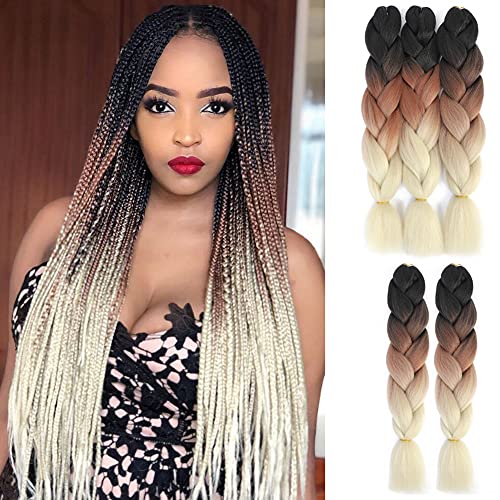 Ombre Braiding Hair Brown Blonde 5 Packs/Lot 24inch Kanekalon Braiding Hair Jumbo Braiding Synthetic Hair Extensions (24inch (5 Packs/Lot), 1B/Brown/Blonde)
