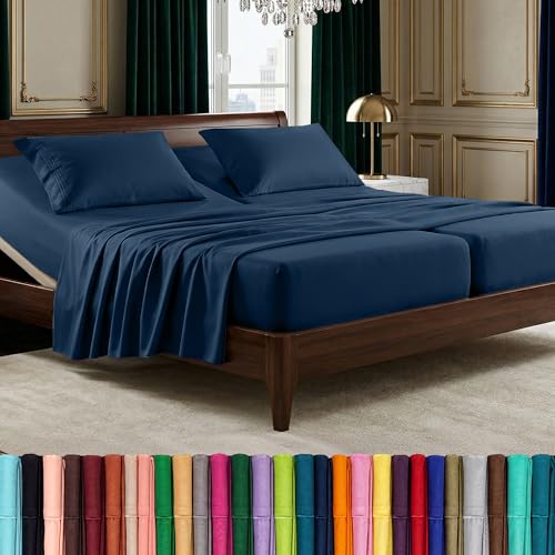 Image of Elegant Comfort Luxurious 1500 Premium Hotel Quality Microfiber Three Line Embroidered Softest 5-Piece Bed Sheet Set, Wrinkle and Fade Resistant, Split King, Navy Blue