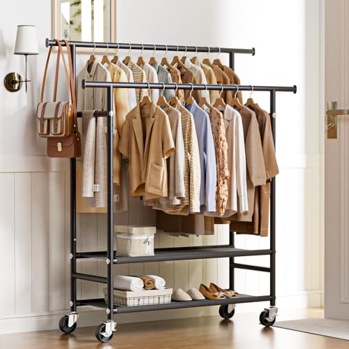 HYSEYY Double Rods Rolling Clothes Rack with 2-Tier Shelves - image 8
