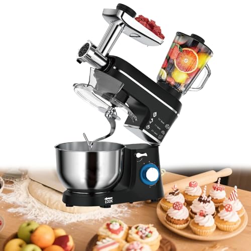 DPLWJPP Batidora de Masa Eléctrica de Pedestal Robot de Cocina con Picadora de Carne y Batidora 5 en 1 con Tazón de Acero Inoxidable para Hornear,Cocinar y Hacer Black