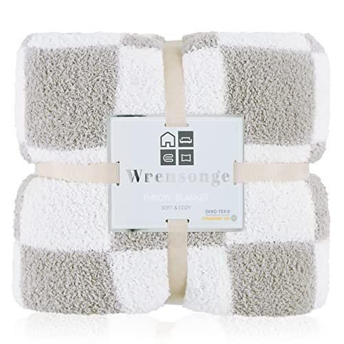 WRENSONGE Checkered Throw Blanket, Light Grey Soft Cozy Fluffy Warm Hand Made Throw Blankets for Couch, Sofa, Chair, Bed, Camping, Picnic, Travel Lightweight Bed Blanket - 60 * 80