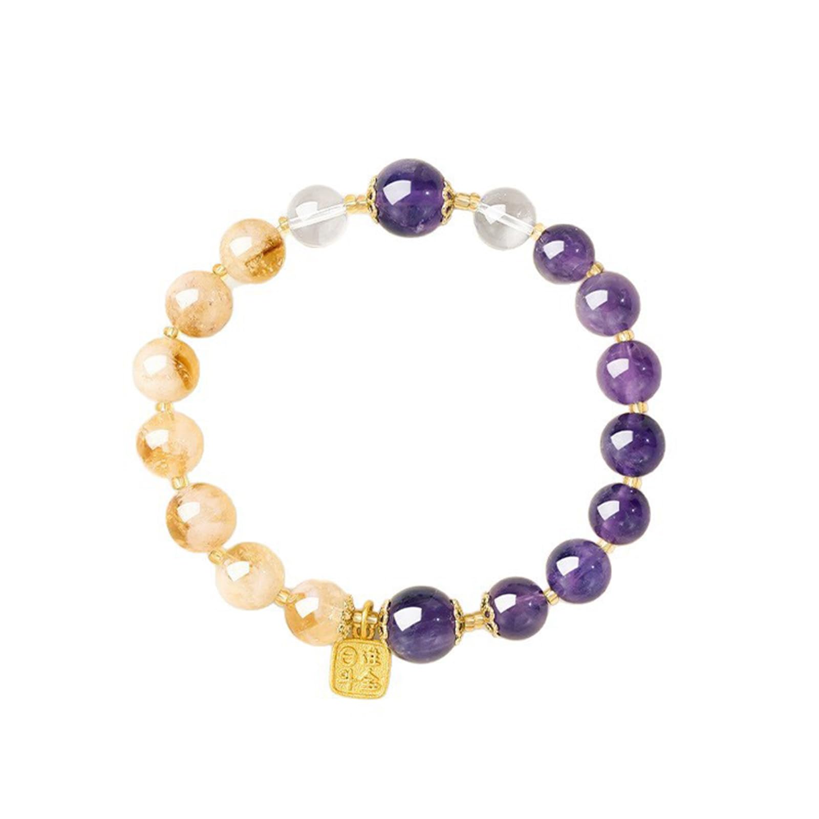 Bracciale con Ametista citrino Naturale – Bracciale Elasticizzato Fatto a Mano con Doppia Pietra preziosa per Donna, Bracciale con Equilibrio Fortunato di ricchezza e prosperità