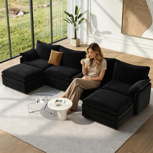 Image of Vesgantti 142 inch U Shaped Sectional Modular Couch, Comfy Cloud Sofa, Black | Deep Seat Cloud Sectional Sofa with 2 Ottomans, Modern Corduroy Couches for Living Room, Office, Apartment